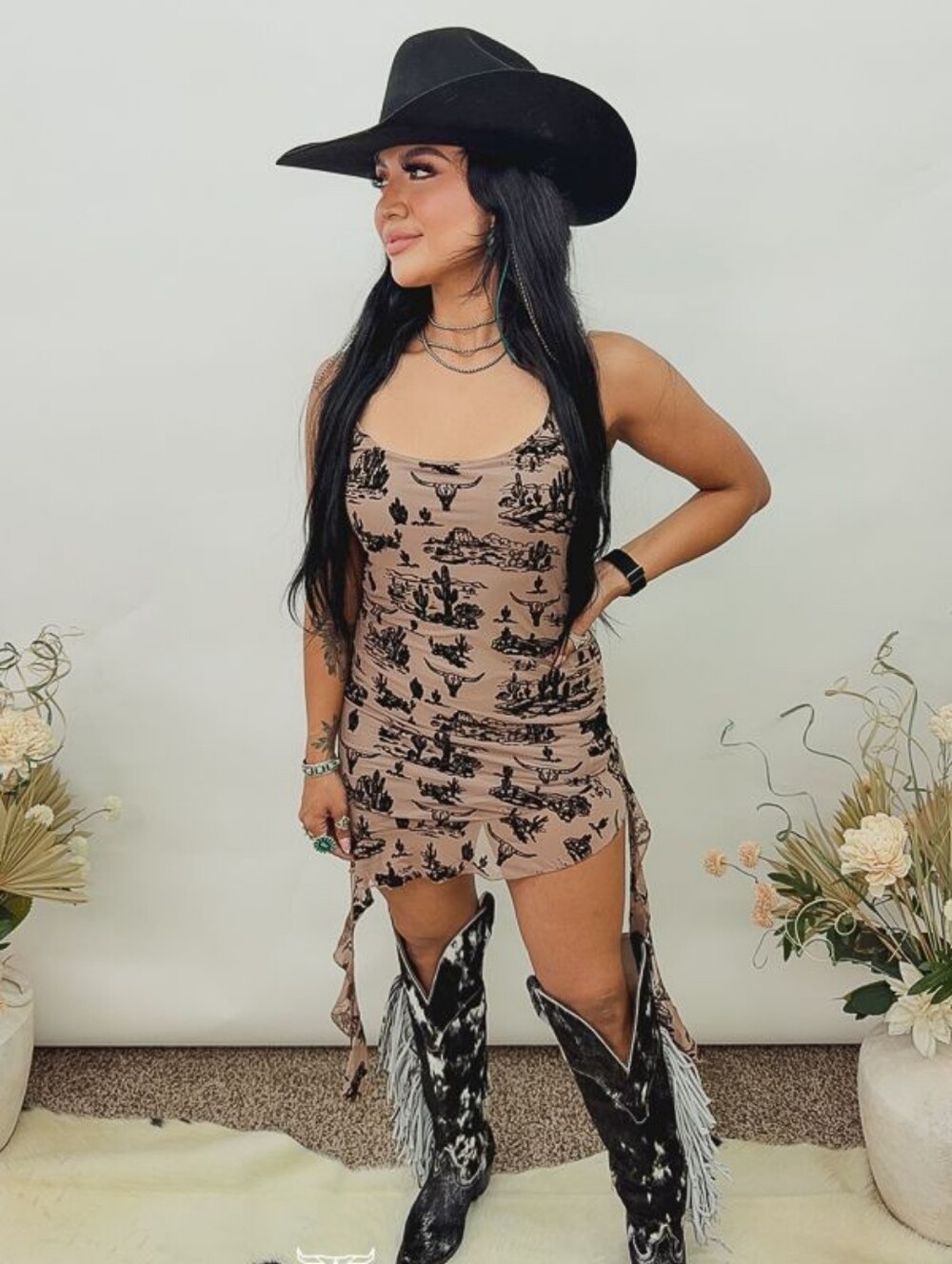 NEW Beige & Black Western Velvet Burnout Mesh Spaghetti Strap Ruffle Dress
